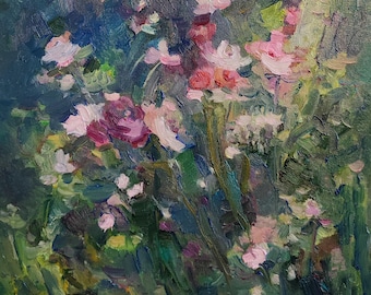 Meadow flowers, secret garden, dark green wall art Oleander wildflowers painting Night meadow painting Abstract floral painting 12x12 inch