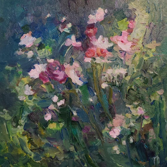 Meadow flowers, secret garden, dark green wall art Oleander wildflowers painting Night meadow painting Abstract floral painting 12x12 inch