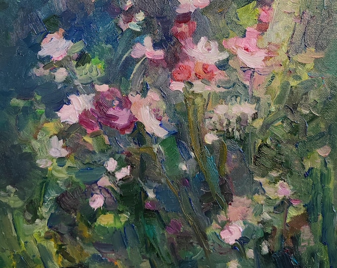 Meadow flowers, secret garden, dark green wall art Oleander wildflowers painting Night meadow painting Abstract floral painting 12x12 inch