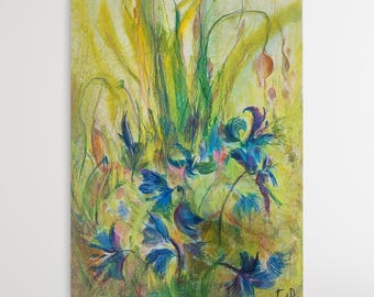 Abstract Oil Pastel Floral Art Original: Green Secret Garden Flowers (15.7x11 inch)