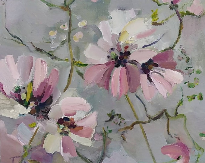 DDP to US, Floral Meadow Oil Painting: Pink Daisy Wildflower Art (8x8 inch)