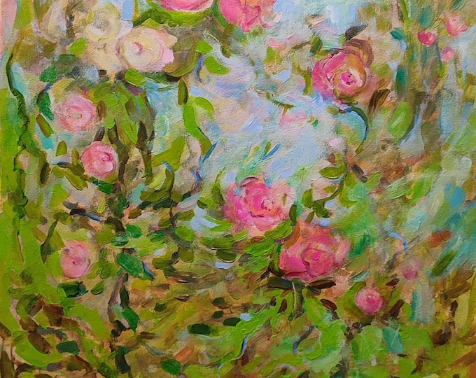 Large Vertical Original Abstract Floral Painting Roses Handmade Artwork Long Canvas Green Pink 38x22 inch.