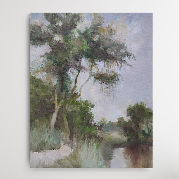 Oil Painting Original Farmhouse Wall Decor Forest Painting Trees Road Painting, Autumnal Home Decor, Dark Green, Olive Green, Grey 8x10inch.