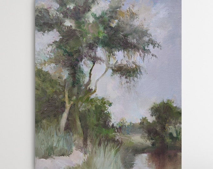 DDP to US, Original Oil Painting Antique Style Forest Landscape, Olive Green Wall Art (8x10 inch)