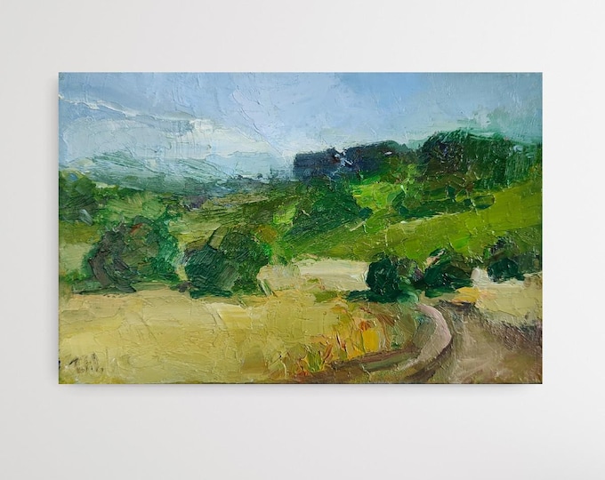 Oil Painting Landscape Autumn Field, Small Impressionist Art 4,5x7 inches