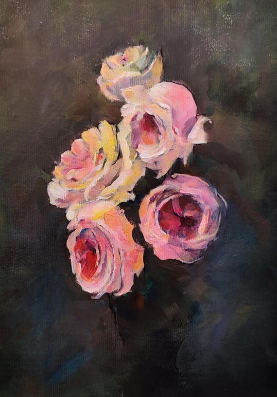 Roses Original Paintings Acrylic, Night Flower Bouquet Painting Dark Floral Still Life, Antique Style 8x11 inch (20x28 cm) DDP to US