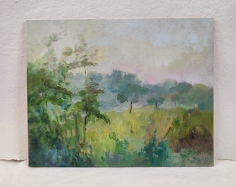 Original Oil Painting, Sunrise Forest Meadow Landscape, 8x10 inch Wall Art
