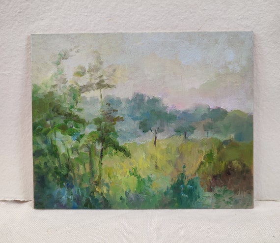 Oil Painting Original, Sunrise Painting Forest Field Road Painting Trees Meadow Painting. Village Painting, Rustic Oil Painting 8x10inch.