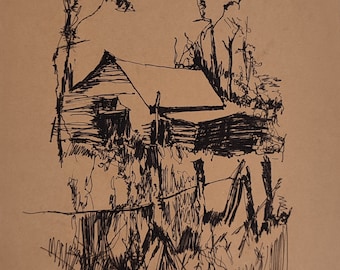 Original Ink Drawing: Old Barn Landscape, Farmhouse Decor (8x6 in)