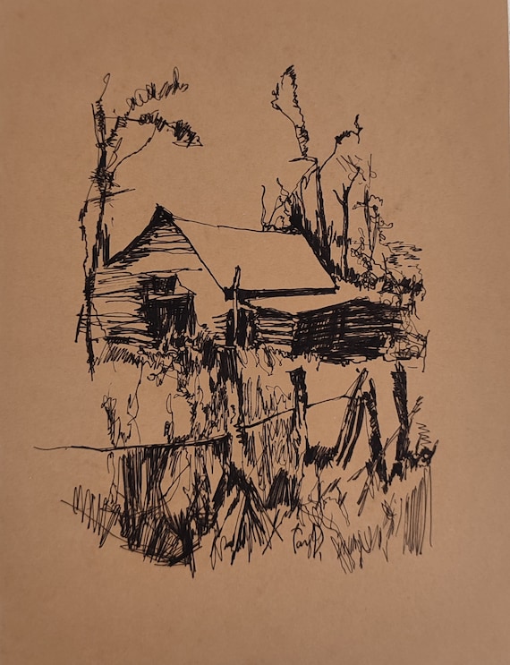 Old barn painting, small presents, wall decore landscape. Ink drawing tree forest log cabin decor. ORIGINAL ink drawing 8x6 in.