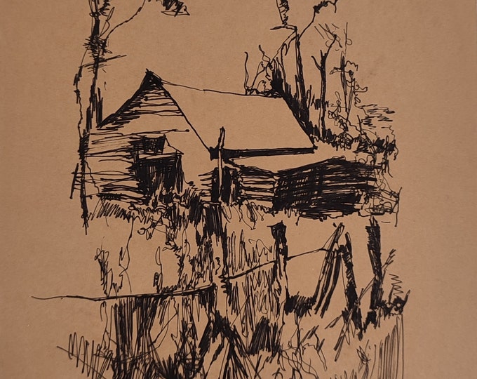 Original Ink Drawing: Old Barn Landscape, Farmhouse Decor (8x6 in)