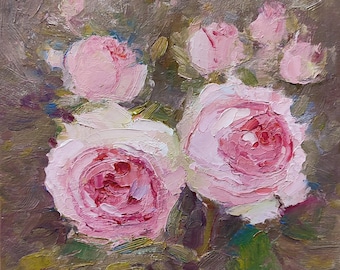Original Pink Roses Oil Painting – Textured Floral Wall Art – Impressionist Flower Artwork on Canvas – Romantic Botanical Home Decor 8x8inch
