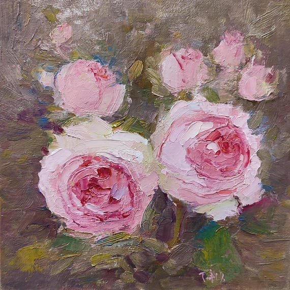 Roses Oil Painting Original, Pink Rose Bouquet Impressionist Painting Pale Pink Rose Hand made Oil Painting 8x8 inches