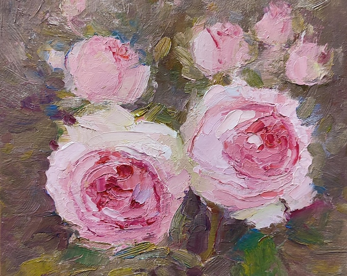 Original Pink Roses Oil Painting – Textured Floral Wall Art – Impressionist Flower Artwork on Canvas – Romantic Botanical Home Decor 8x8inch