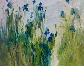 Iris Oil Painting Original Rustic Wall Art Spring Wildflowers Painting