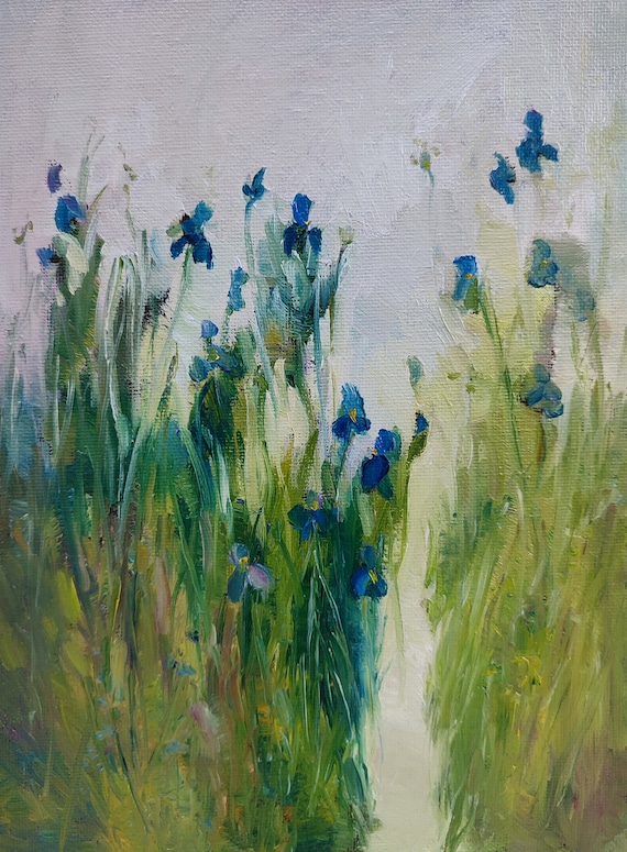 Garden Road Painting, Oil Painting Original. Meadow Painting, Rustic Oil Painting. Spring Wildflower Iris Painting, Village Painting.