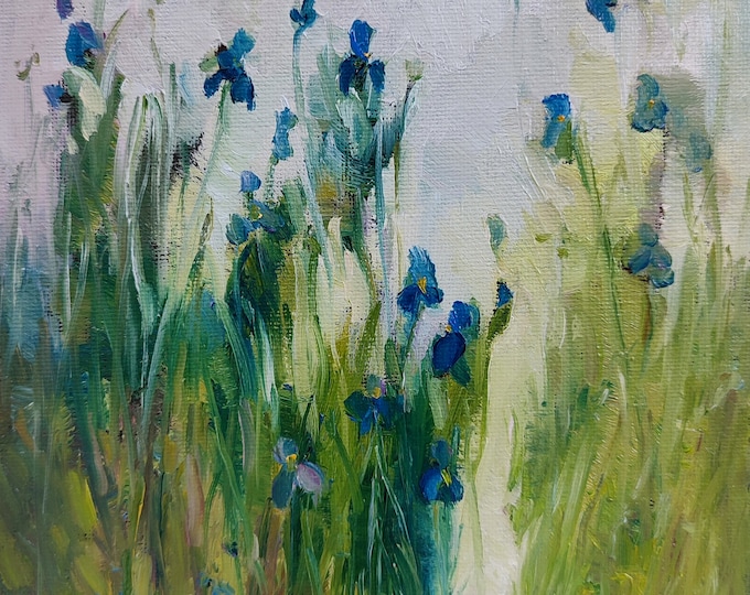 DDP to US, Iris Oil Painting Original Rustic Wall Art Spring Wildflowers Painting