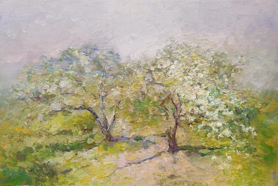 DDP to US, Trees Spring Oil Painting Original Landscape, Blooming Tree Painting Nature Art Work Green White 8x12 inch