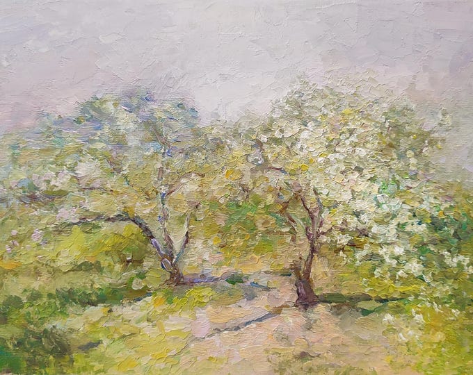 DDP to US, Trees Spring Oil Painting Original Landscape, Blooming Tree Painting Nature Art Work Green White 8x12 inch