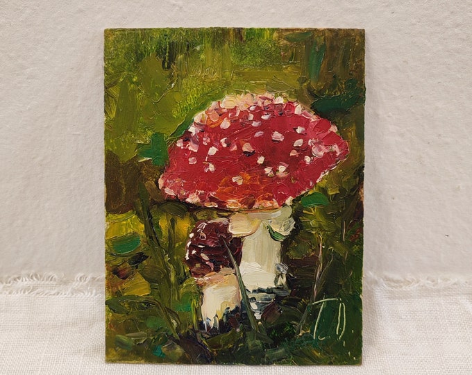 Mushroom Oil Painting Original: Red Amanita Muscaria Fly Agaric Autumn Home Decor (6.5x5 inch)