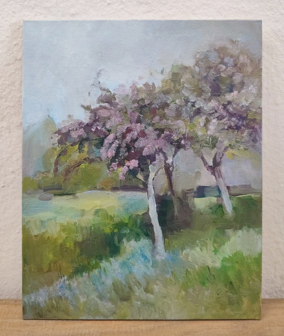 Oil Painting Original, Apple Tree Painting. Original Artwork, Impressionist Painting. Village Painting Blooming Garden Meadow Painting.