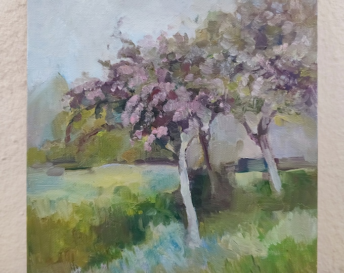Oil Painting Original, Apple Tree Painting. Original Artwork, Impressionist Painting. Village Painting Blooming Garden Meadow Painting.