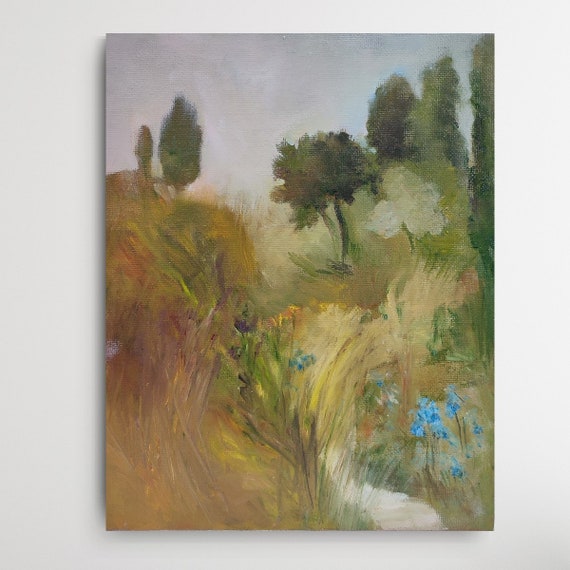Oil Painting Original Meadow Painting, The Way, Realistic Painting Landscape Mustard Wall Art. Village Painting Garden Road Painting 8x10in.