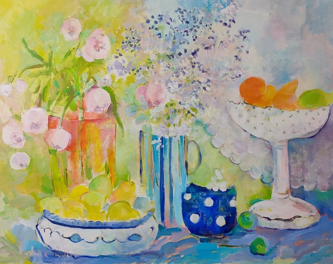 Oversized Still Life Painting: Peonies, Blue Vase, Acrylic on Canvas (50x36 in)