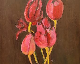 Tulip Painting Original Artwork, Floral Bohemian Wall Art, House Warming Gift 8x11 inch
