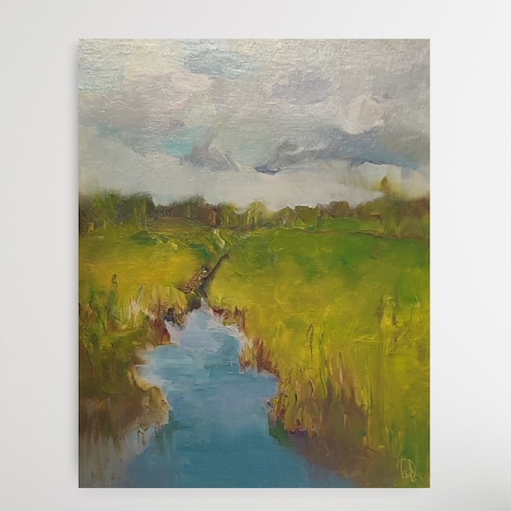 Farmhouse Wall Decor Original Rustic Oil Painting Green Meadow Painting. Rain Clouds Swamp Painting, March Landscape Low Countryside Artwork
