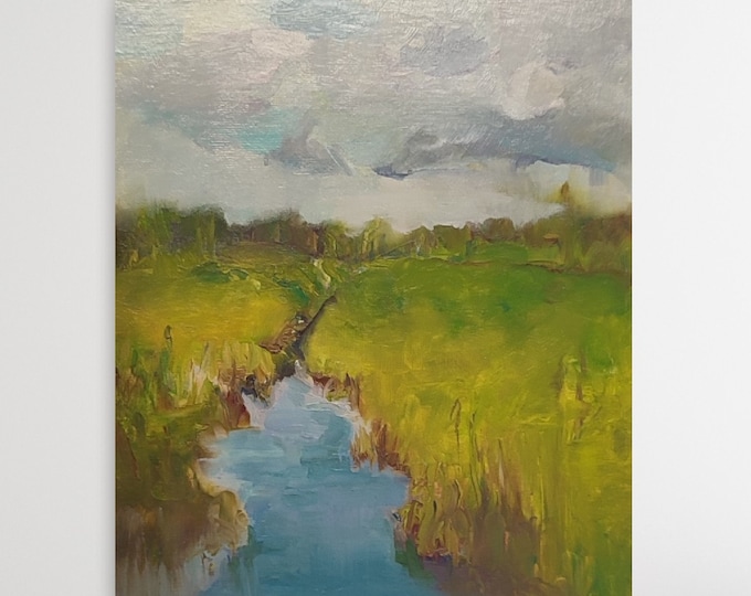 Landscape Wall Art, Original Oil Painting Meadow, Green Grass Low Marsh, Countryside Nature Painting (10x12 inch) DDP to US
