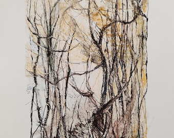 Original Drawing Autumn Tree Landscape Drawn Forest Charcoal Pencil Brown Pastel Pencil Ink Drawing