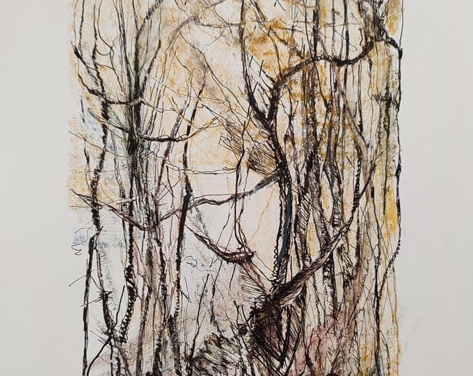 Original Drawing Autumn Tree Landscape Drawn Forest Charcoal Pencil Brown Pastel Pencil Ink Drawing