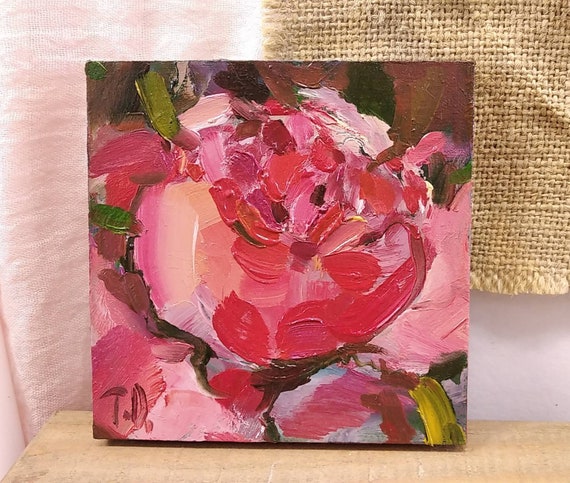 Roses Oil Painting, Miniature painting, Small Oil Painting Pink Rose Bud. Small Presents, Tiny Painting. Gifts for Best Friend Female.