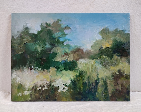 Landscape Oil Painting, Dark Green Wall Art, Road Painting Field Path Meadow Painting, Village Painting, Rustic Oil Painting.