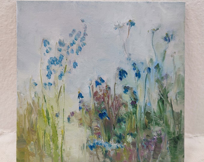 DDP to US, Original Art Work Wildflower Painting Meadow, Floral Rustic Wall Art Countryside Painting Simple Flowers 8x8"