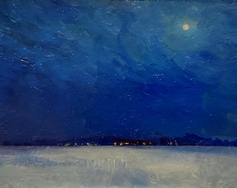 Original Oil Painting Small Winter Landscape: Night Snow Scenery Dark Blue White (4.5x7 inches)