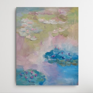 Lilies Pond Oil Painting on Canvas, Floral Oil Painting, Original Wildflower Painting, Monet Style Lily Pond Painting Blue Pink Water Lilies