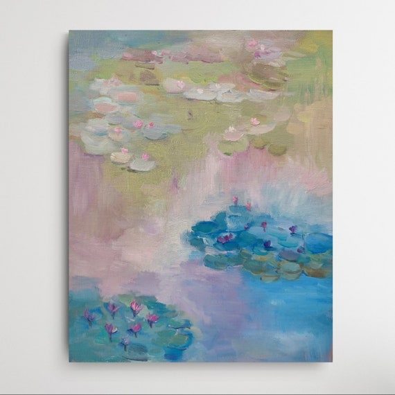 Lilies Pond Oil Painting on Canvas, Floral Oil Painting, Original Wildflower Painting, Monet Style Lily Pond Painting Blue Pink Water Lilies