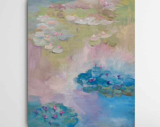 DDP to US, Lily Pond Oil Painting: Original Floral Wildflower Art, Monet Style