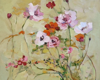 Original Oil Painting Poppy Wildflower Bouquet Abstract Floral Bohemian Artwork 12x12 inches