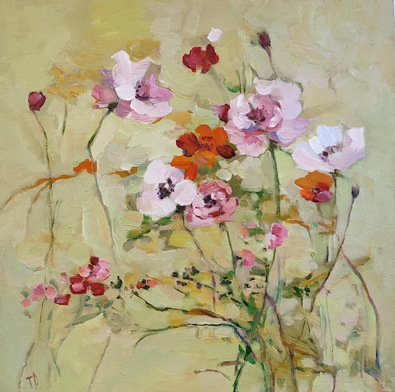 Oil Painting Original Meadow Painting, Red Poppy Painting. Wildflower Painting, Poppy Field Painting. Original Artwork Mustard Wall Art.