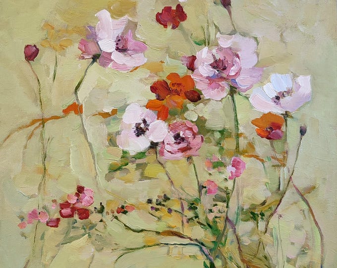 DDP to US, Original Poppy Oil Painting Wildflowers Mustard Meadow Flowers Artwork 12x12 inches