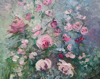 Flower Oil Painting Abstract Floral, Original Rose Wildflower Art, Shabby Chic Decor, House Warming Present Romantic Gift 12×12 inches