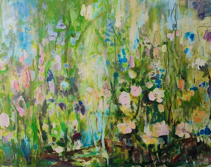 Oversized Floral Canvas Art: Abstract Acrylic Painting (55x34 inches).