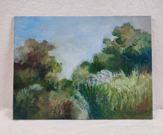 Oil Painting Original, Meadow Painting. Road Painting Summer Field Path Village Painting. Rustic Oil Painting, Dark Green Wall Art.