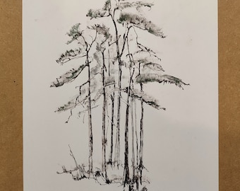 Christmas Tree Charcoal Sketch, Original Ink Line Drawing, Rustic Winter Wall Art