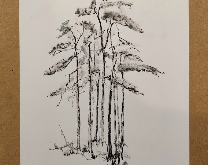 Christmas Tree Charcoal Sketch, Original Ink Line Drawing, Rustic Winter Wall Art