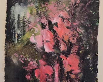 Abstract Floral Original Painting: Red on Dark Flowers Cottage Core Expressionist Artwork (8x12inch)