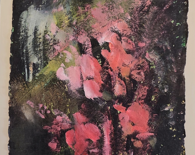 Abstract Floral Original Painting: Red on Dark Flowers Cottage Core Expressionist Artwork (8x12inch)